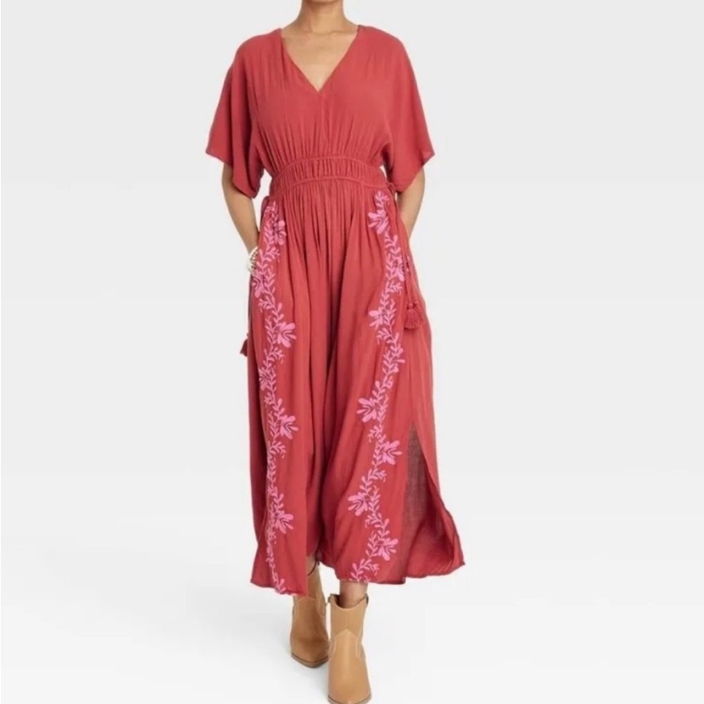 NWT Knox Rose Women's Flutter Short Sleeve Embroidered Red Maxi Dress Sz M